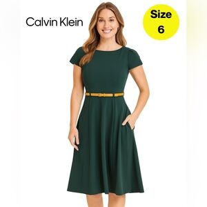CALVIN KLEIN 💚 Forest Green Midi Dress, Belted 💚 (Women’s Size 6)